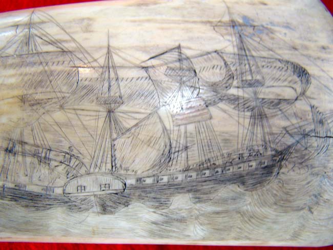 A fascinating 19th century scrimshawed American whale's tooth depicting the boarding of HMS Frolic by the USS Wasp on October 18, 1812. The tooth dates to circa 1838-1880. — image 5